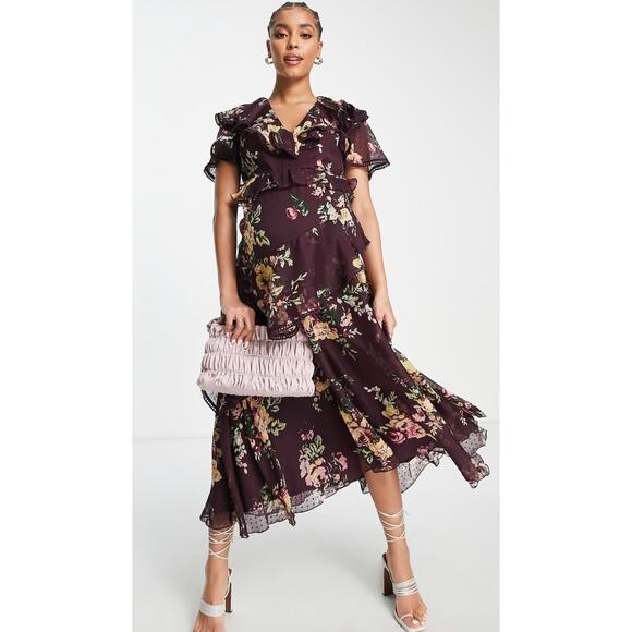 NEW Asos Design Maternity Drape Midi Dress Purple Berry Print Womens Maternity 6 - Picture 1 of 10